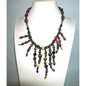 Vintage Multicolor Beaded Dangle Necklace With Metal Accents